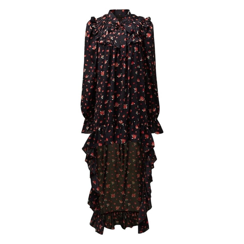 High Low Ruffle Dress Black Multi Floral Chiffon Long Sleeve Detachable Slip M - Picture 2 of 8
